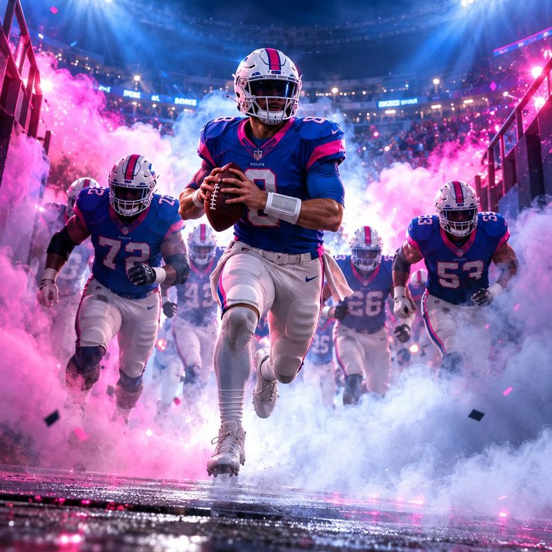The Ohio Rizzlers quarterback running out of a smoky stadium tunnel with the team behind him